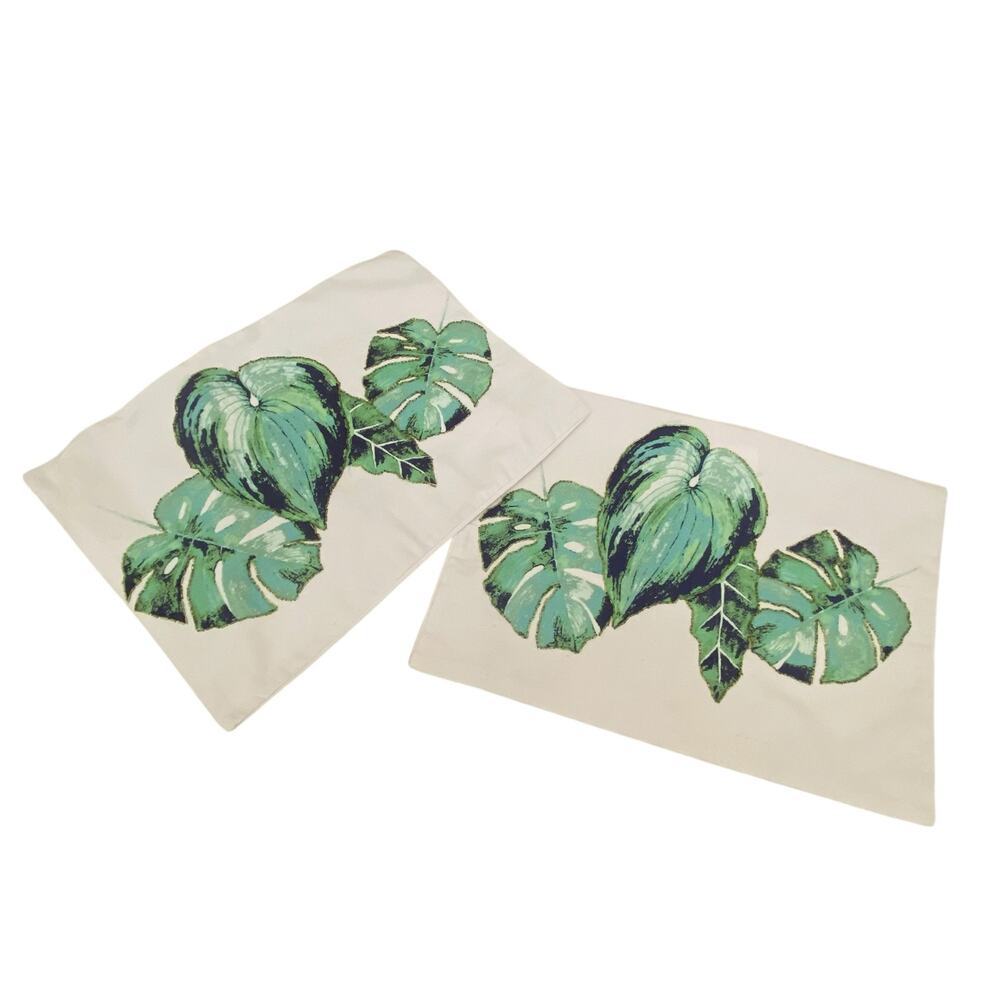 Set of TWO Tropical Monstera Leaf Beaded Throw Pillow Covers 19x13 with Zipper